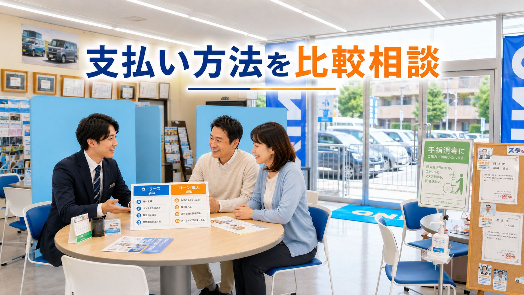 オニキス羽村中央店の店内でスタッフとお客様がカーリースとローン購入を比較相談している様子