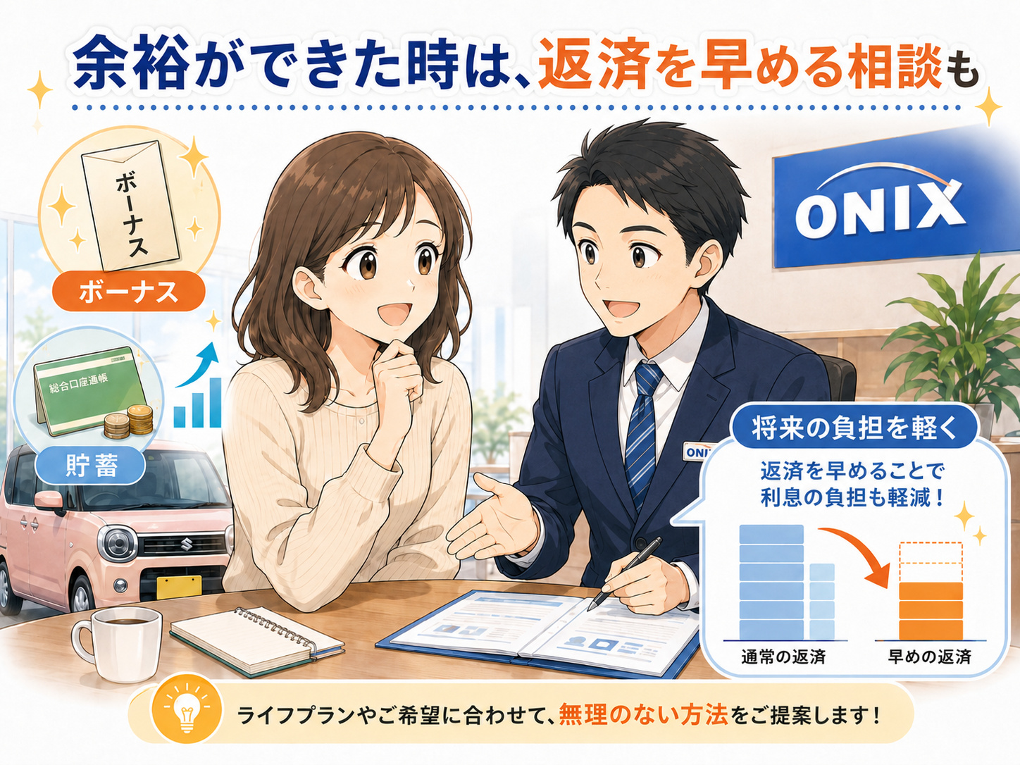 余裕ができた時に男性スタッフへ繰上返済を相談する女性