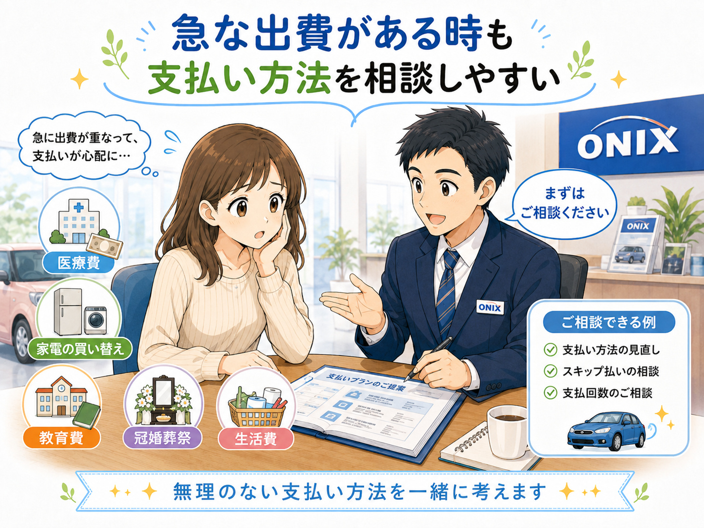 急な出費が重なった女性が男性スタッフに車の支払い方法を相談するイラスト
