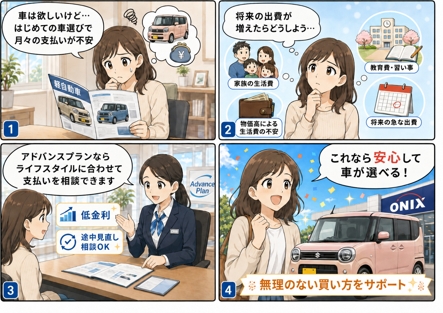 初めて軽自動車を購入する女性が支払いの不安をアドバンスプランで相談する4コマ漫画