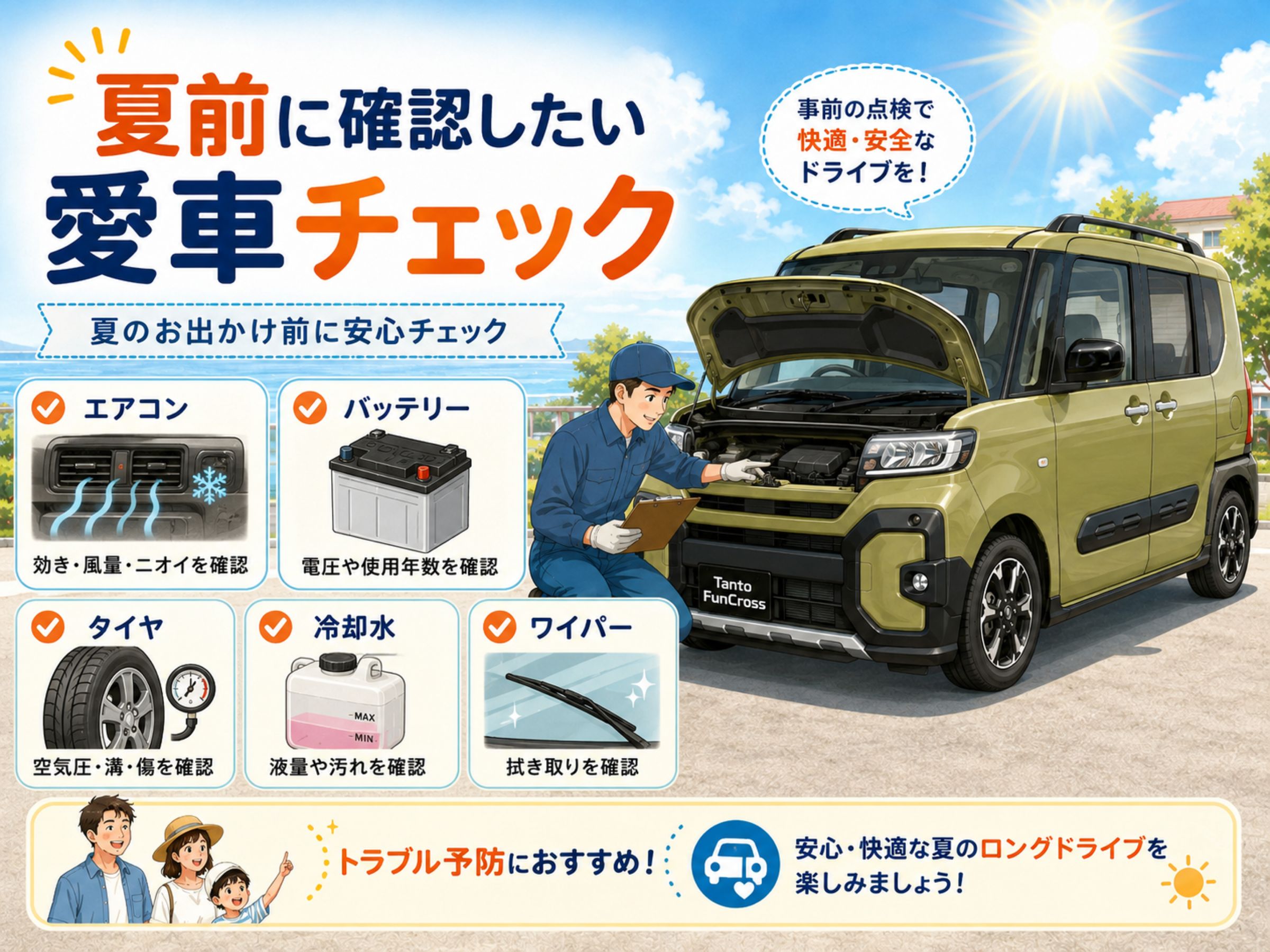 夏のお出かけ前にエアコンやバッテリー、タイヤなどを点検する愛車チェックのイラスト