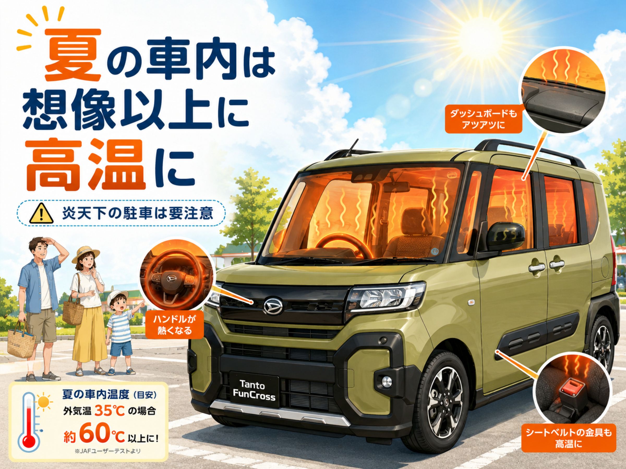 夏の炎天下で高温になった車内に注意を促すイラスト