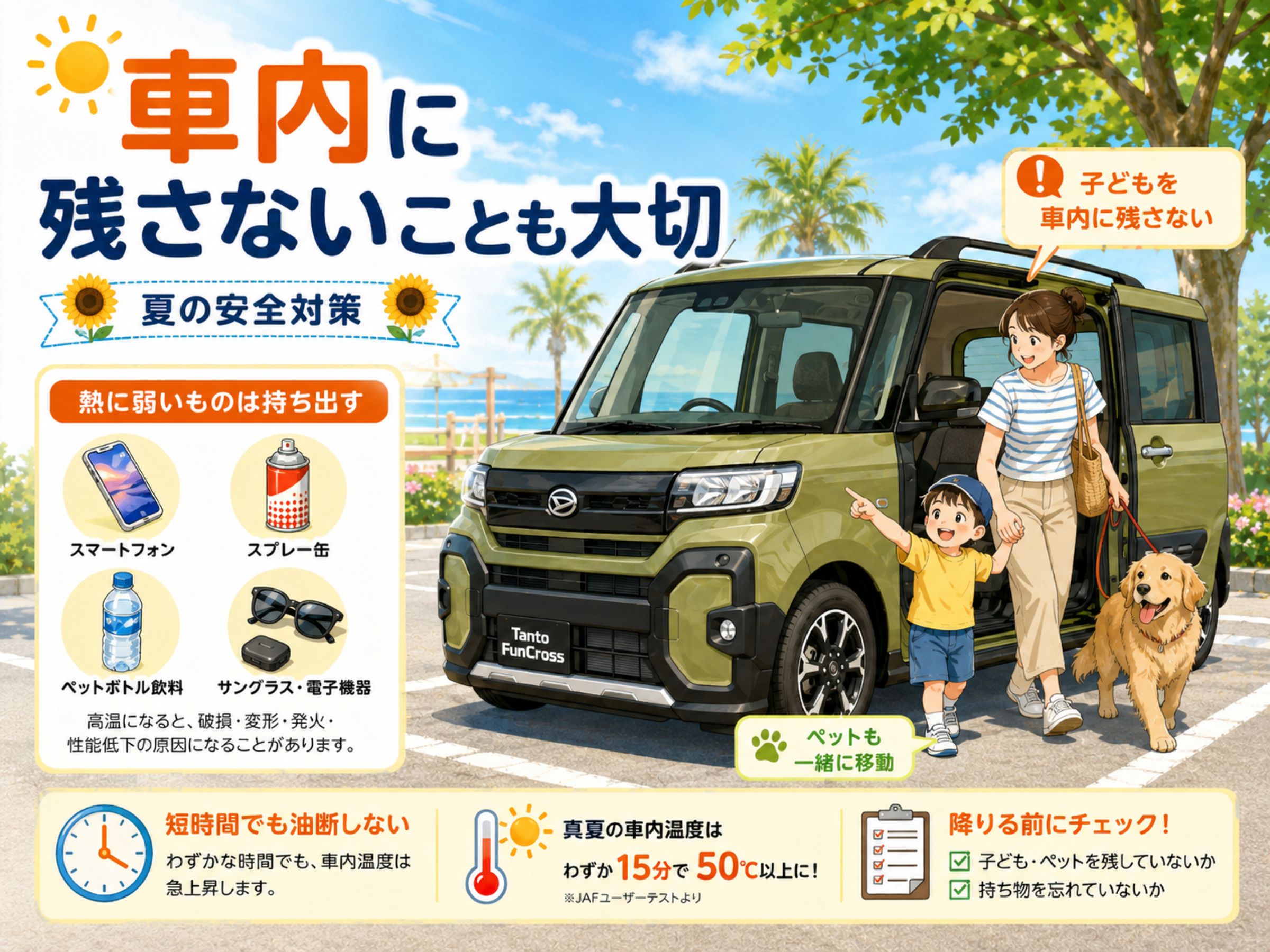 夏の車内に子どもやペット、モバイルバッテリーなどを残さないための注意喚起イラスト