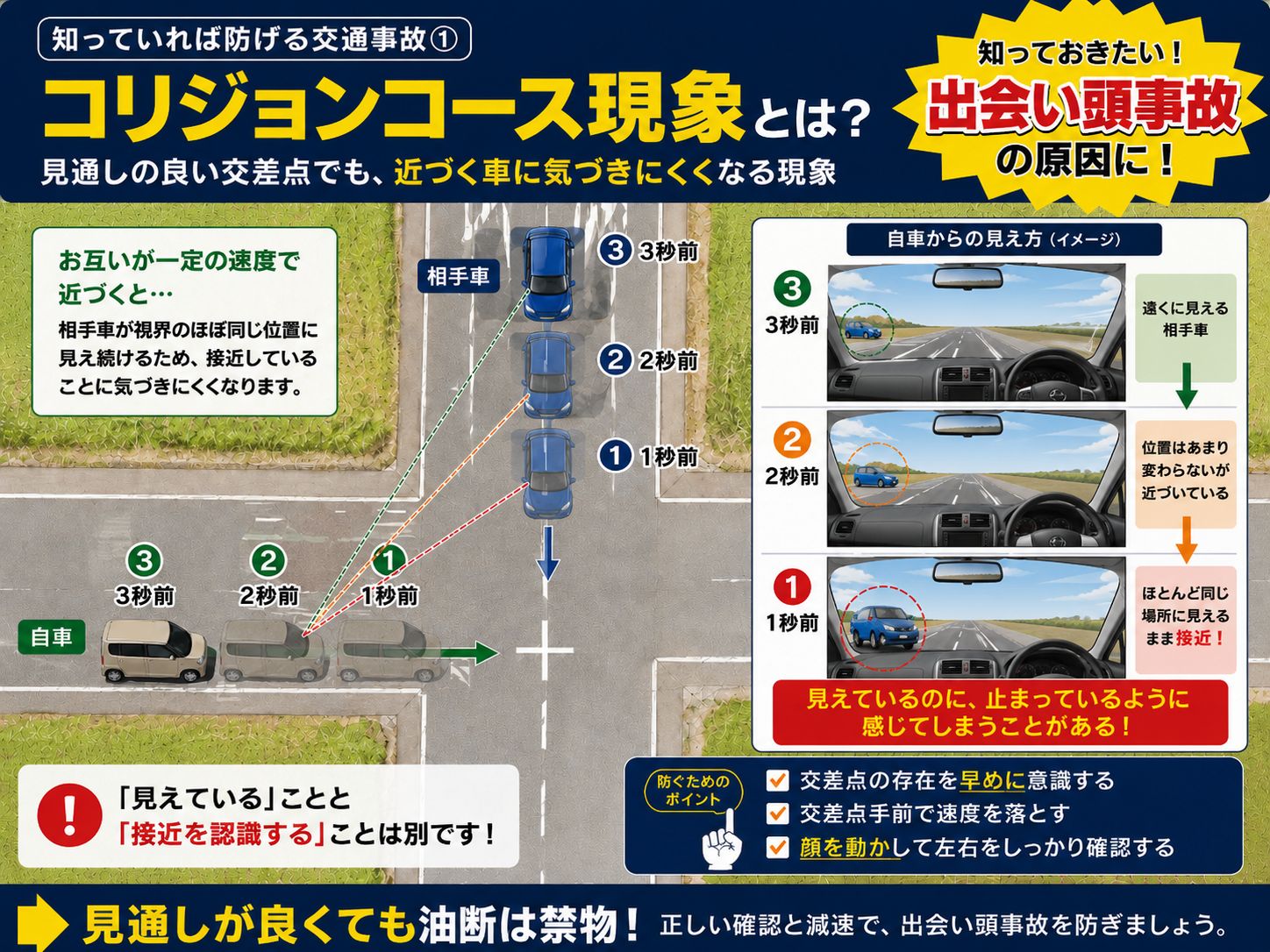 コリジョンコース現象で2台の車が交差点へ接近する様子とドライバーからの見え方