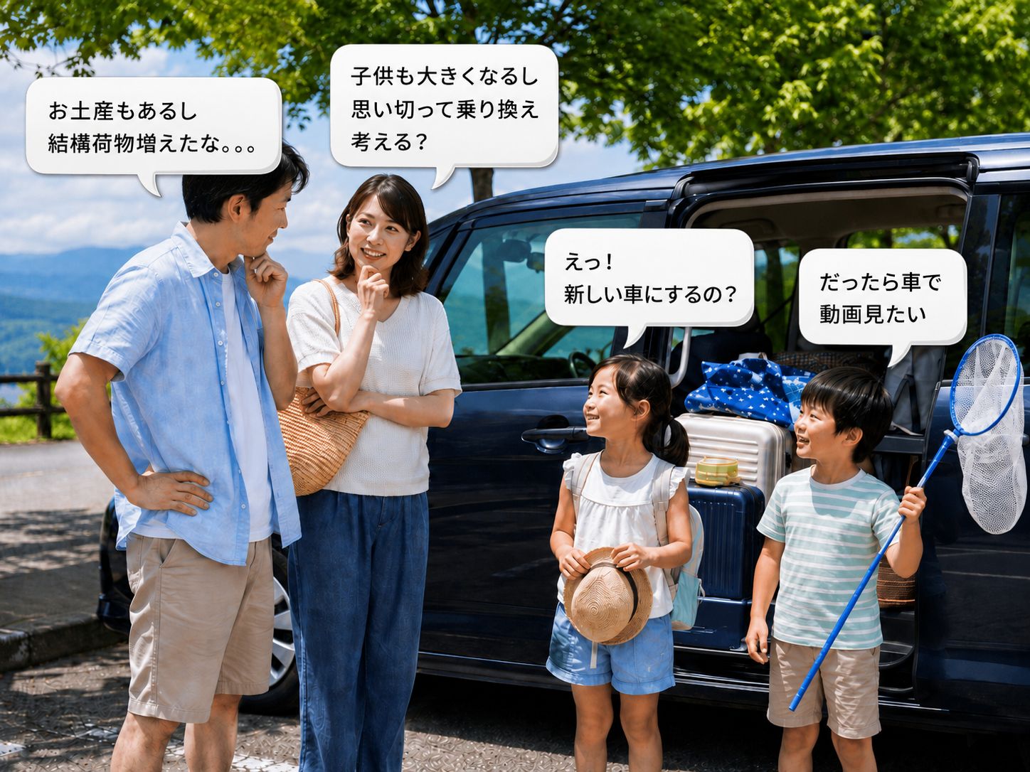 夏休みの家族ドライブ後に現在の車の広さや使い勝手を振り返る様子